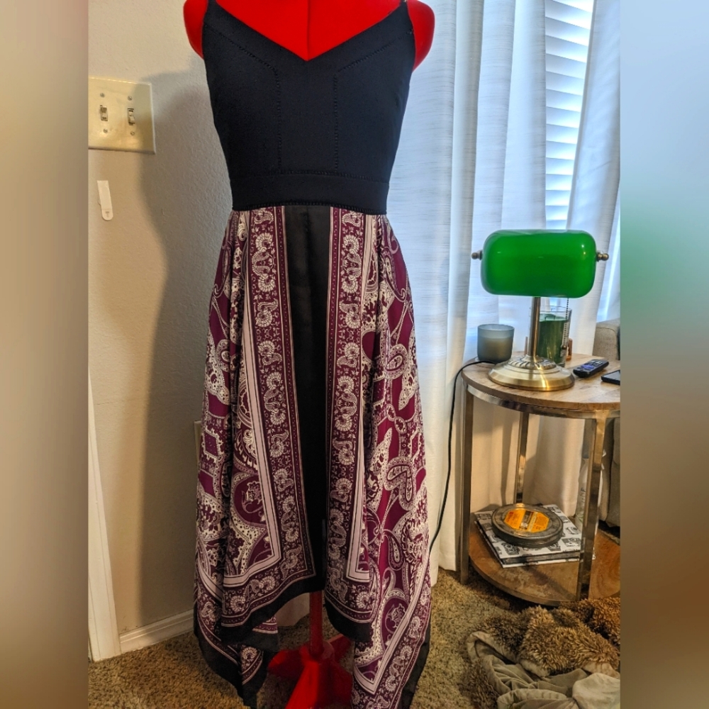 White House Black Market Purple Paisley Handkerchief Hem Dress